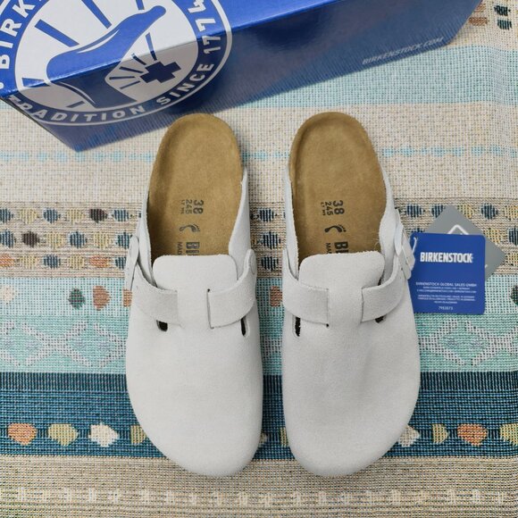 Women's Birkenstock Boston Clogs | White Suede | Narrow Fit - Picture 1 of 6